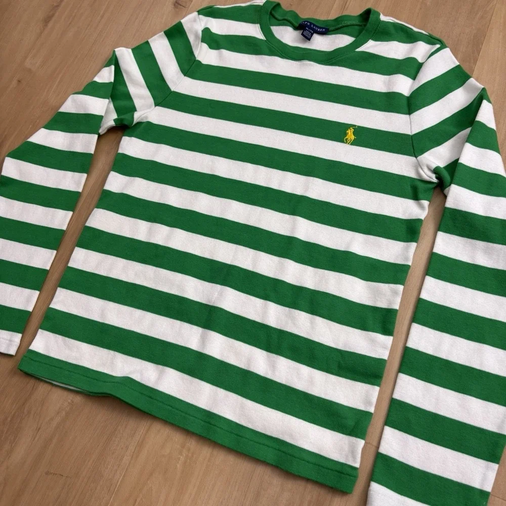 Ralph Lauren Girls Striped Long Sleeve Shirt XL Green And White - Picture 2 of 9